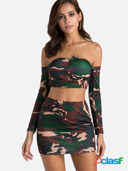 Camouflage Off Shoulder Top & Bodycon Skirt Two Piece