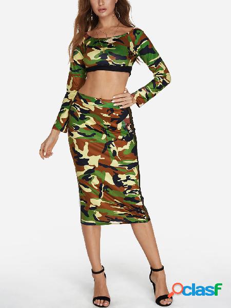 Camouflage Off The Shoulder Long Sleeves Top And Net Yarn