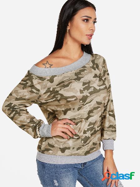 Camouflage One Shoulder Long Sleeves Stitching Sweatshirt
