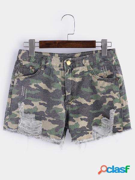 Camouflage Ripped Pattern Low-waisted Shorts