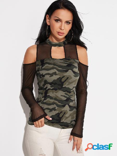 Camouflage Stand Neck Cold Shoulder Long Sleeves T-shirts