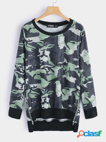Camouflage Zipper Design Round Neck Long Sleeves Top