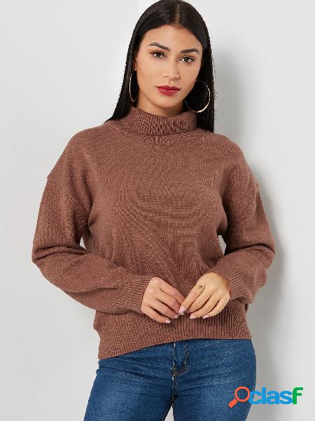 Casual Coffee Plain Roll Neck Long Sleeves Sweaters