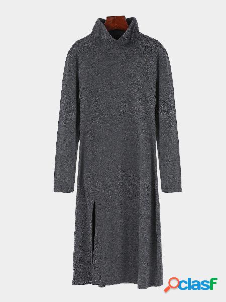 Casual Grey Turtleneck Slit Hem Midi Dress
