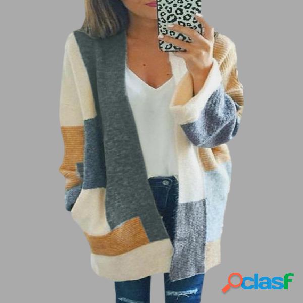 Casual Knitted Color Block Design Cardigans