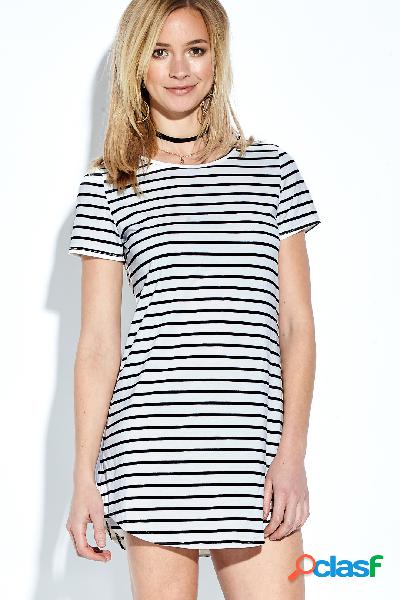 Casual Round Neck Short Sleeves Curved Hem Striped Mini