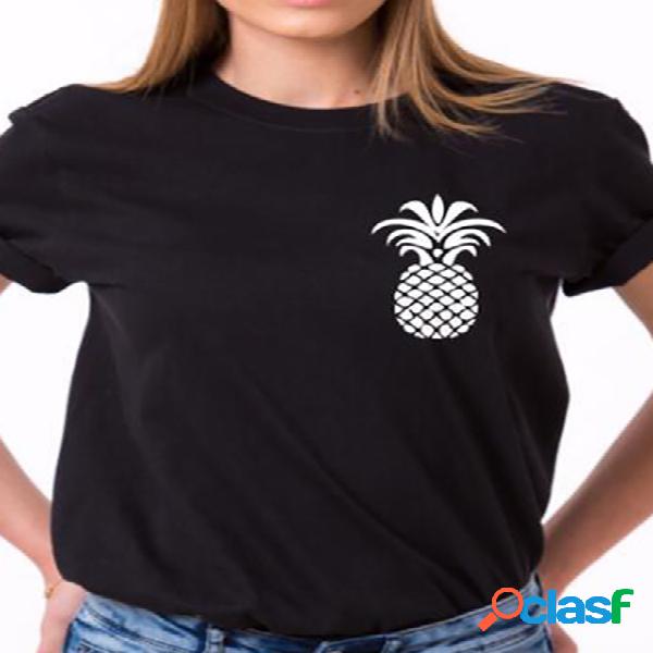 Casual Short Sleeves Pineapple Print Tees in Black