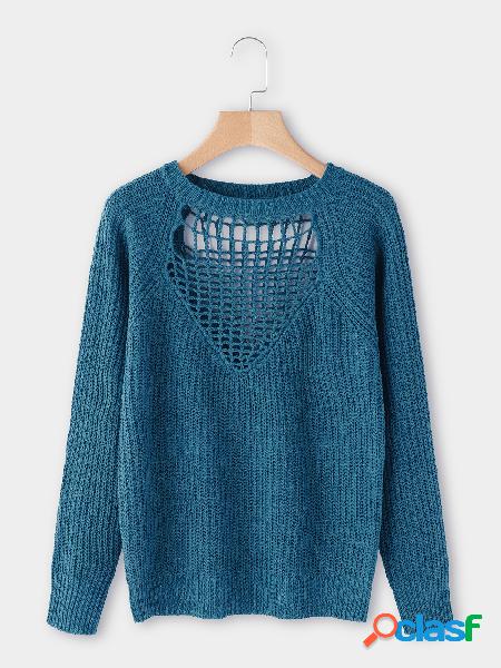 Cerulean Blue Hollow Design Round Neck Long Sleeves Sweater