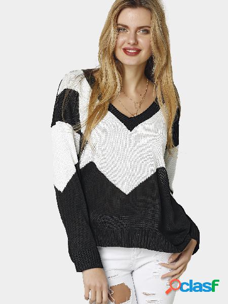 Classic Design Stitching Loose Plunge V-neck Long Sleeves