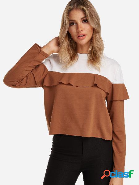 Coffee Flounced Details Color Blouck Round neck Long Sleeves