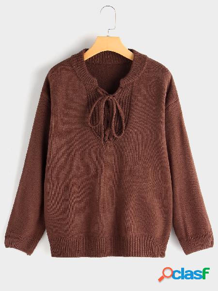 Coffee Pullover Tie-up Design Long Sleeves Knitting Sweater