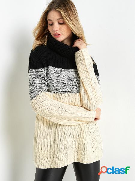 Color Block Cable Knit Round Neck Long Sleeves Sweater