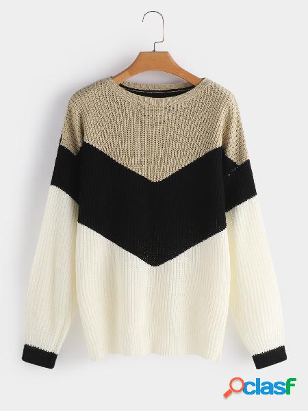 Color Block Cable Knit Stripe Round Neck Long Sleeves