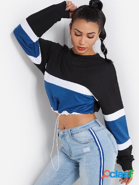 Color Block Crew Neck Long Sleeves Tight Waist Cropped