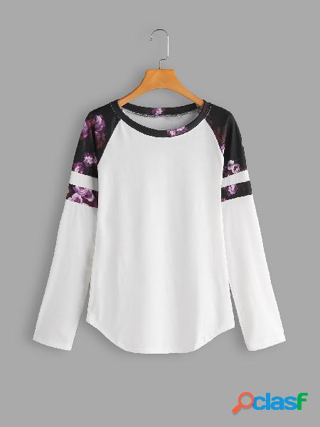 Color Block Floral Print Round Neck Long Sleeves T-shirts