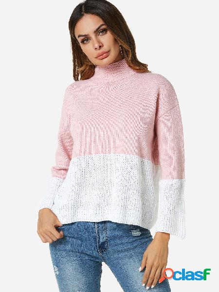 Color Block High Neck Bell Sleeves Color Stitching Sweater