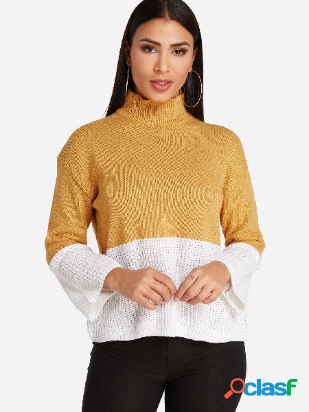 Color Block High Neck Bell Sleeves Color Sweater