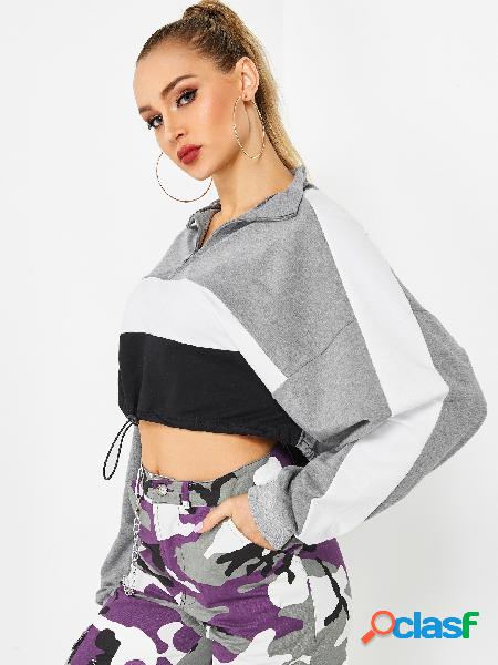 Color Block Quarter-Zip Long Sleeves Drawstring Waist Crop