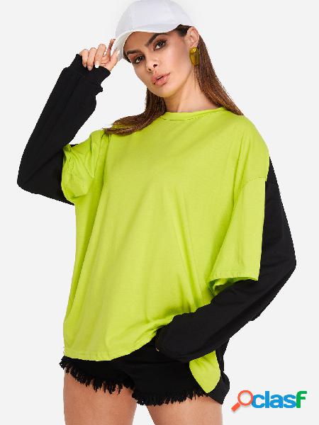Color Block Round Neck Double Sleeves Sweatshirt