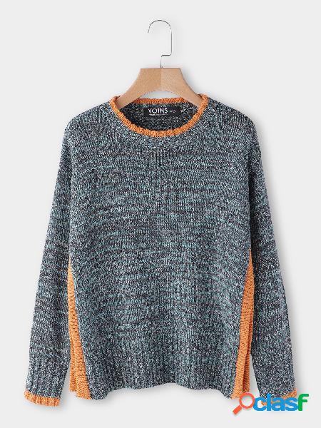 Color Block Slit Design Round Neck Long Sleeves Sweater