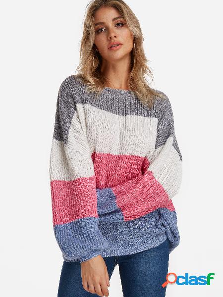 Color Block Stitching Round Neck Lantern Sleeves Sweater