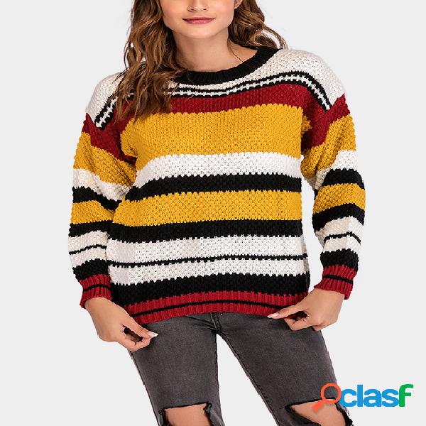 Color Block Stripe Round Neck Long Sleeves Sweater