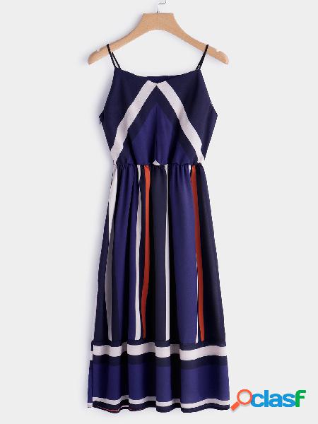 Color Block V-neck Sleeveless Spaghetti Beach Dress in Navy