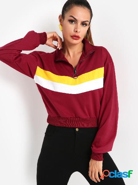 Color Block Zip Design Round Neck Long Sleeves Sweatshirt