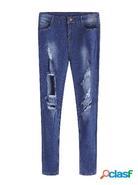 Dark Blue Middle-waist Ripped Details Fashion Jeans