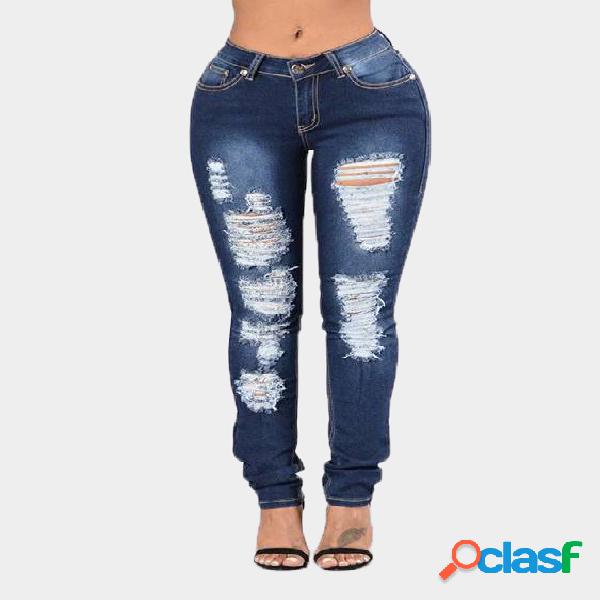 Dark Blue Middle-waist Skinny Shredded Ripped Jeans with