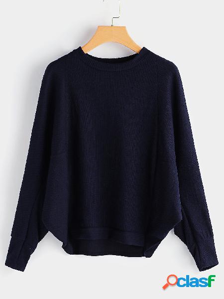 Dark Blue Round Neck Bat Sleeves Bodycon Hem Jumper