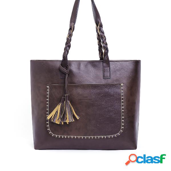 Dark Brown Knitted Design Tassel Detail Shoulder Bag