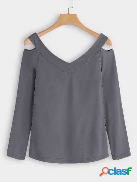 Dark Grey Cut Out Design Plain V-neck Long Sleeves T-shirts