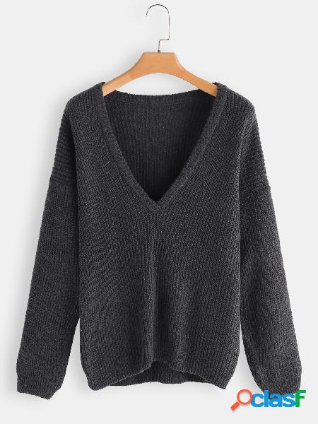 Dark Grey Plain Deep V Neck Long Sleeves Loose Fit Sweaters