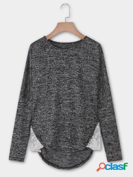 Dark Grey Round Neck Long Sleeves Stitching Hem T-shirts