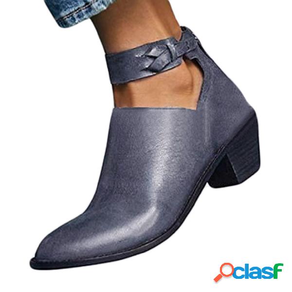 Dark Grey Vintage Chunky Heel Boots Cutout Ankle Strap Boots