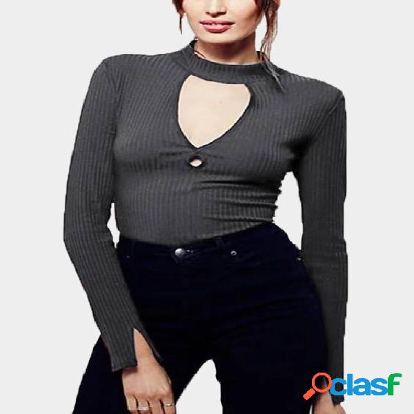 Deep Grey V-Neck Long Sleeves T-shirt with Halter Design