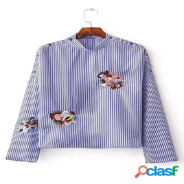 Embroidery Pattern Stripe Hollow Out Sleeve Shirt with