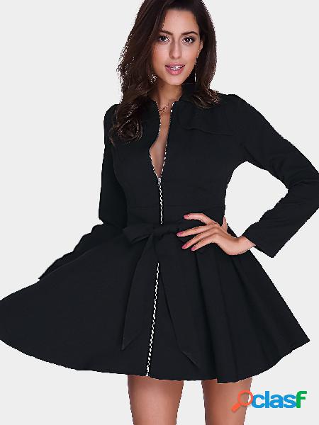 Fashion Black Long Sleeves Zip Front Mini Dress with Waist