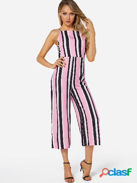 Fashion Stripe Pattern Backless Jumpsuit with Straps Design