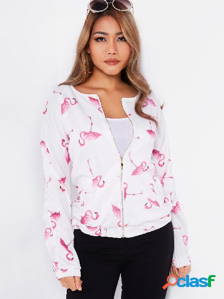 Flamingo Print Long Sleeves Zip Design Jacket