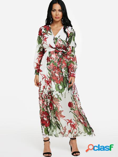 Floral Long Sleeves Wrap Maxi Dress in White