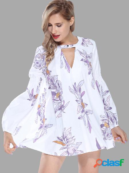 Floral Print Long Sleeves Shirt Dress in White