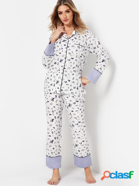 Floral Print Notch Collar Long Sleeves Pajama Sets