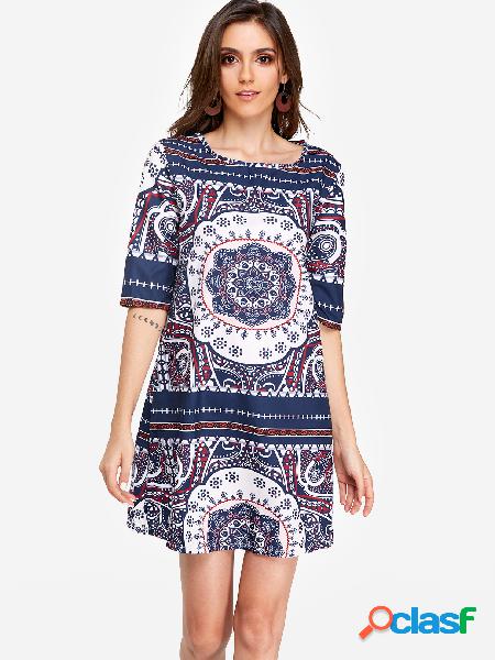 Floral Print Round Neck Half Sleeves Vacation A Line Dress