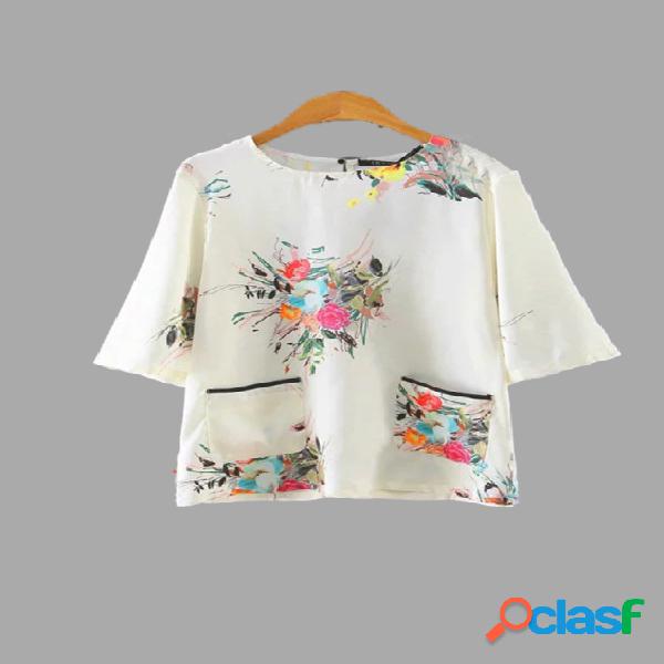 Floral Print Round Neckline Short Sleeve T-shirt with Large