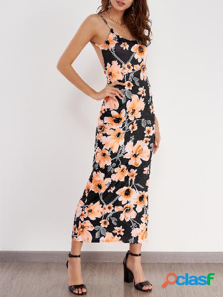 Floral Print Slit Detail Backless Straps Maxi Dress