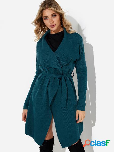 Green Belt Design Lapel Collar Long Sleeves Long Trench Coat