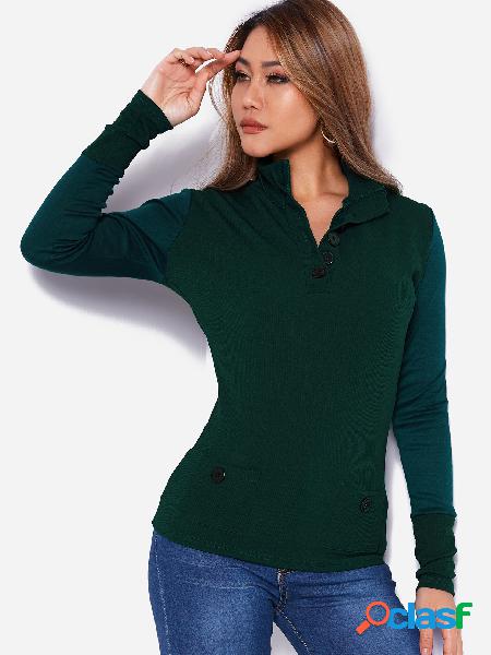 Green Button Design Lapel Collar Long Sleeves T-shirt With