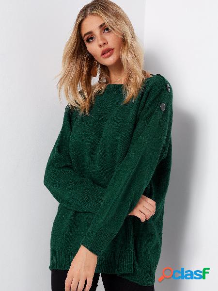 Green Button Design Plain Round Neck Long Sleeves Knit